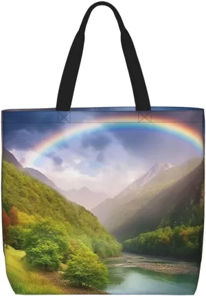 Mountain Valley With Rainbow Large Tote Bag Portable Shopping Handbags With Zipper Inner Pocket Reusable Waterproof Beach Grocery Bag For Women Shopping Travel Work