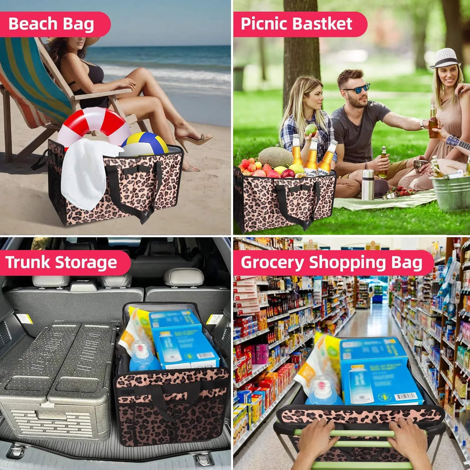 Muzale Reusable Grocery Bags Foldable Extra Large Utility Tote Bag with Wire Frame Heavy Duty Shopping Bags with Handles for Groceries Sturdy Grocery Totes with Pockets for Car Trunk Storage Laundry