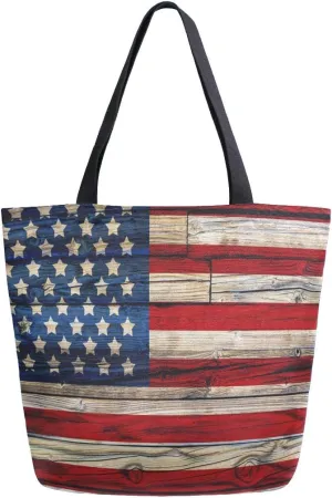 Naanle 4th of July Canvas Tote Bag Large Women Casual Shoulder Bag Handbag, Wooden American Flag Reusable Multipurpose Heavy Duty Shopping Grocery Cotton Bag for Outdoors.