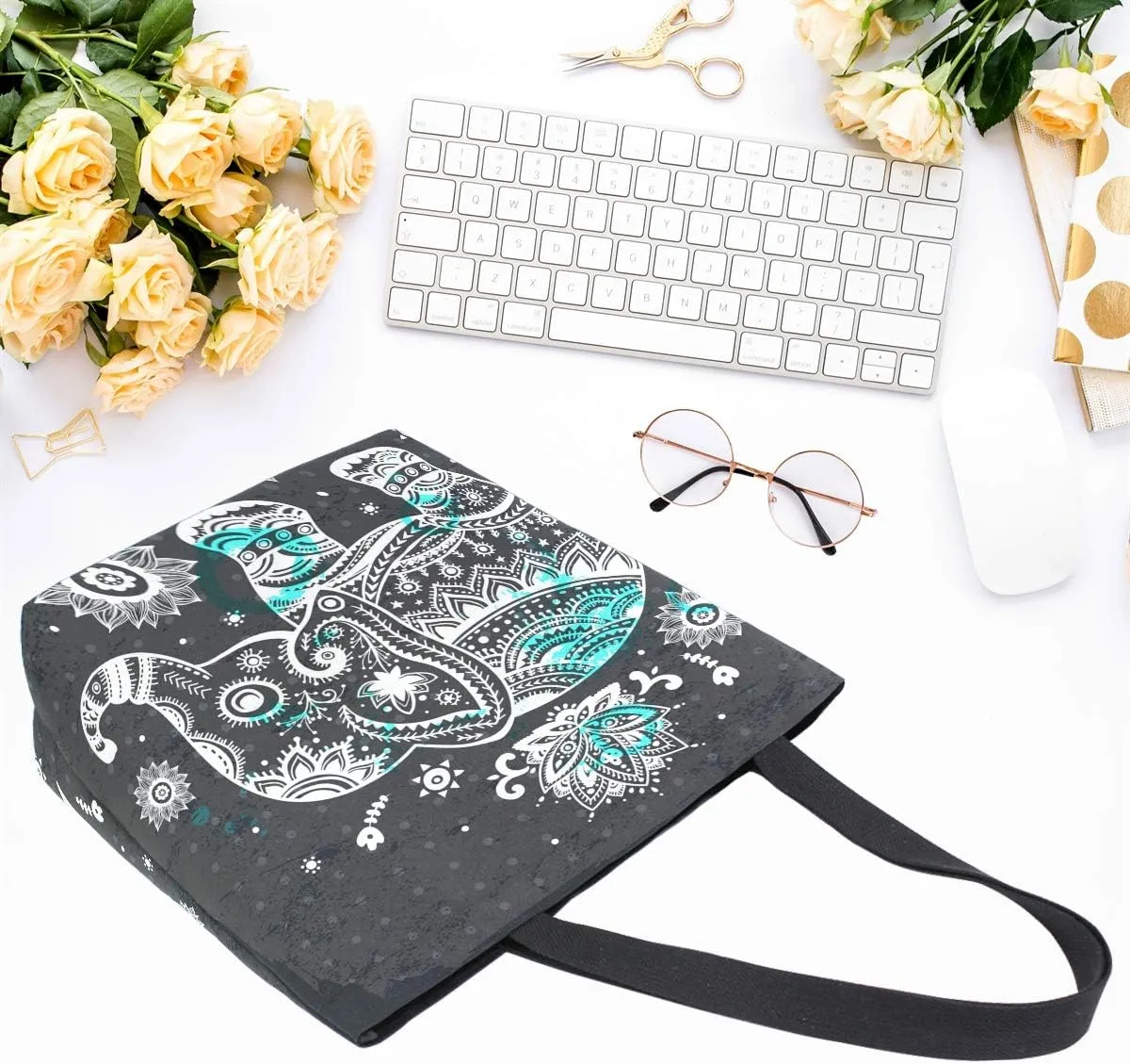 Naanle Animal Elephant Canvas Tote Bag Large Women Casual Shoulder Bag Handbag, Floral Elephant Reusable Multipurpose Heavy Duty Shopping Grocery Cotton Bag for Outdoors.
