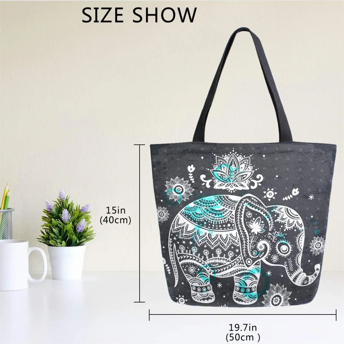 Naanle Animal Elephant Canvas Tote Bag Large Women Casual Shoulder Bag Handbag, Floral Elephant Reusable Multipurpose Heavy Duty Shopping Grocery Cotton Bag for Outdoors.