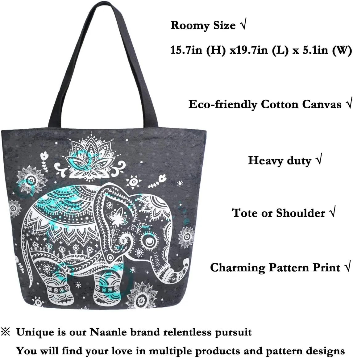 Naanle Animal Elephant Canvas Tote Bag Large Women Casual Shoulder Bag Handbag, Floral Elephant Reusable Multipurpose Heavy Duty Shopping Grocery Cotton Bag for Outdoors.