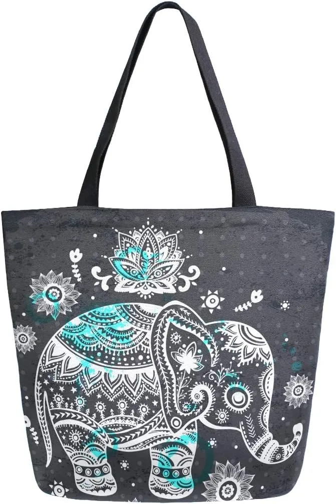Naanle Animal Elephant Canvas Tote Bag Large Women Casual Shoulder Bag Handbag, Floral Elephant Reusable Multipurpose Heavy Duty Shopping Grocery Cotton Bag for Outdoors.
