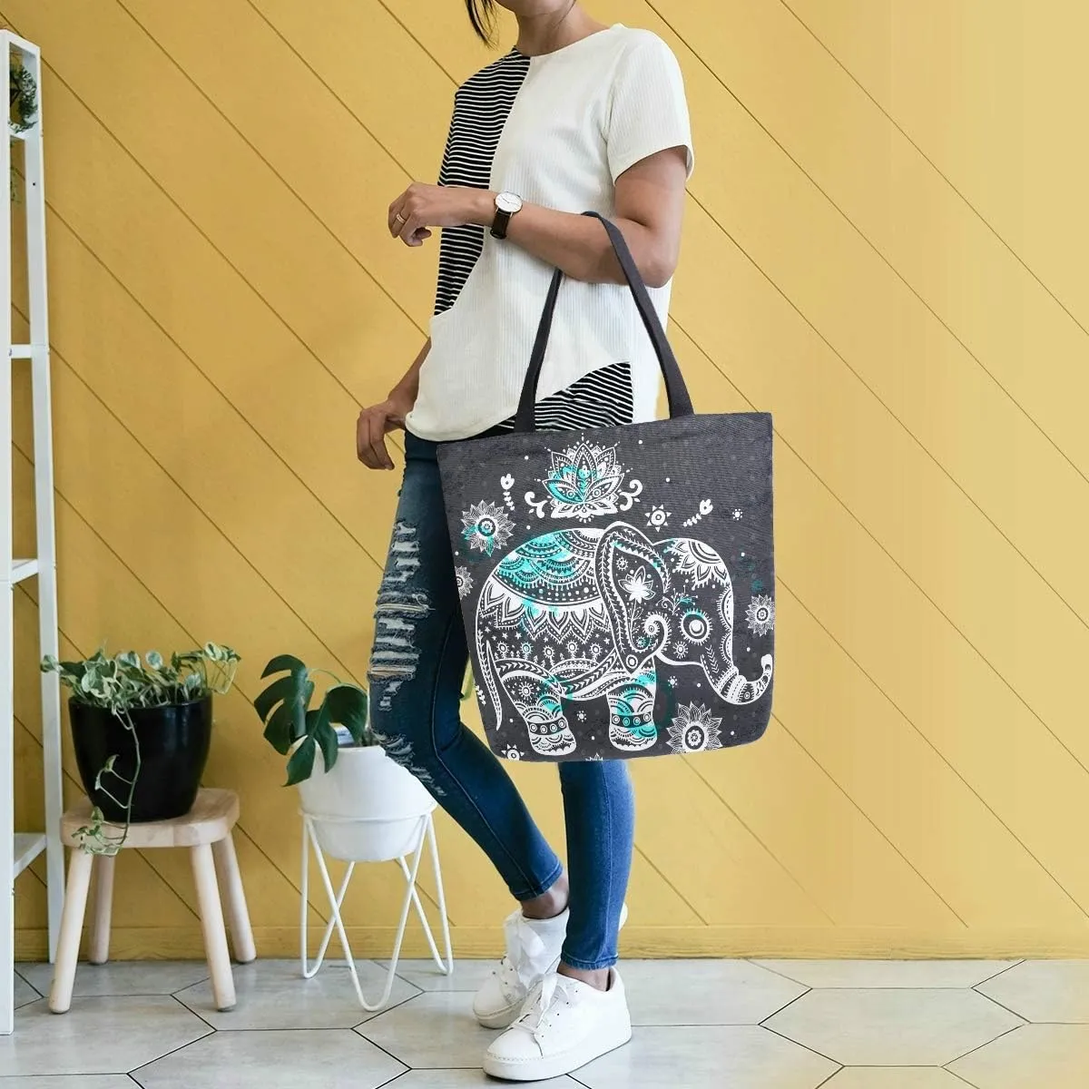 Naanle Animal Elephant Canvas Tote Bag Large Women Casual Shoulder Bag Handbag, Floral Elephant Reusable Multipurpose Heavy Duty Shopping Grocery Cotton Bag for Outdoors.