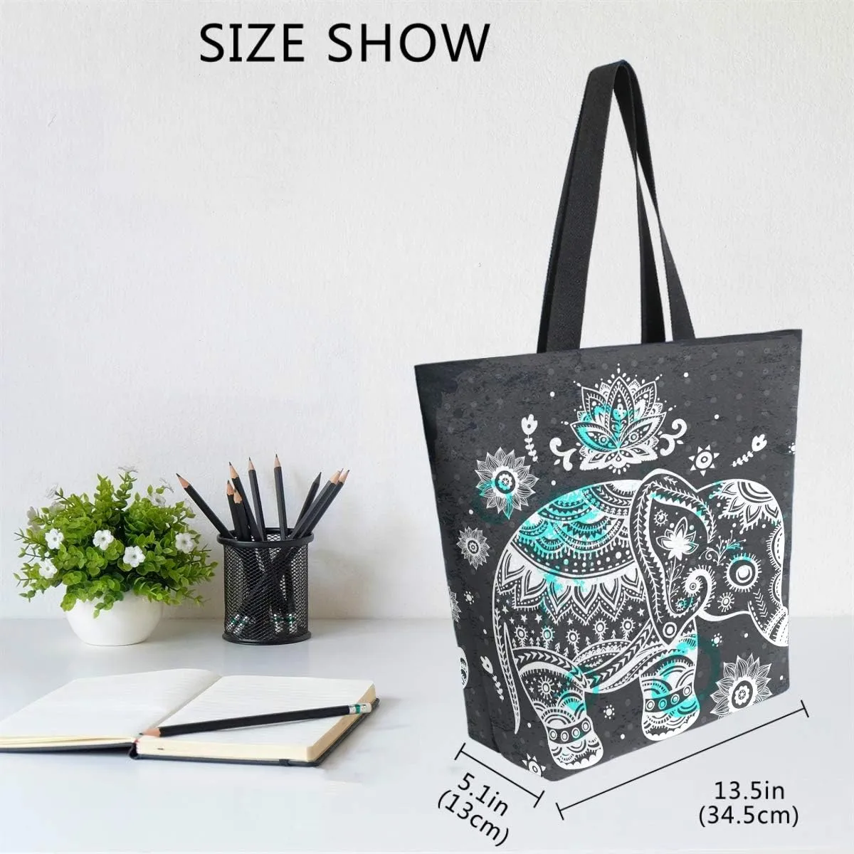 Naanle Animal Elephant Canvas Tote Bag Large Women Casual Shoulder Bag Handbag, Floral Elephant Reusable Multipurpose Heavy Duty Shopping Grocery Cotton Bag for Outdoors.