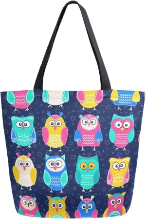 Naanle Animal Owl Canvas Tote Bag - Large Women's Casual Shoulder Handbag, Colorful Owl Reusable Multipurpose Heavy Duty Shopping Grocery Cotton Bag for Outdoors