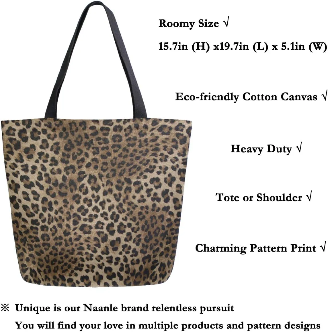 Naanle Animal Print Canvas Tote Bag Large Women Casual Shoulder Bag Handbag, Leopard Print Reusable Multipurpose Heavy Duty Shopping Grocery Cotton Bag for Outdoors.