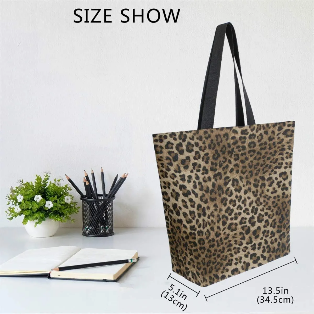 Naanle Animal Print Canvas Tote Bag Large Women Casual Shoulder Bag Handbag, Leopard Print Reusable Multipurpose Heavy Duty Shopping Grocery Cotton Bag for Outdoors.