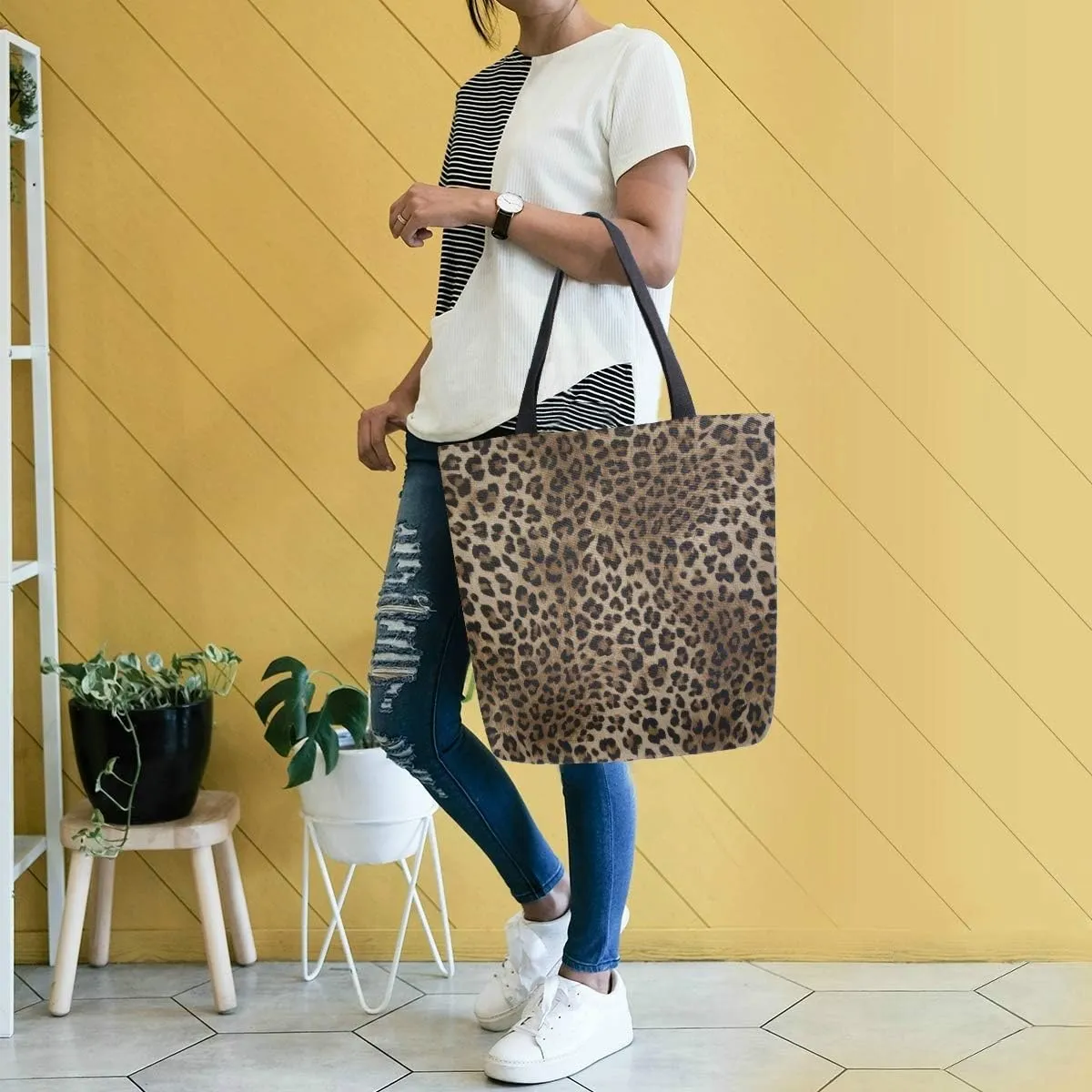 Naanle Animal Print Canvas Tote Bag Large Women Casual Shoulder Bag Handbag, Leopard Print Reusable Multipurpose Heavy Duty Shopping Grocery Cotton Bag for Outdoors.