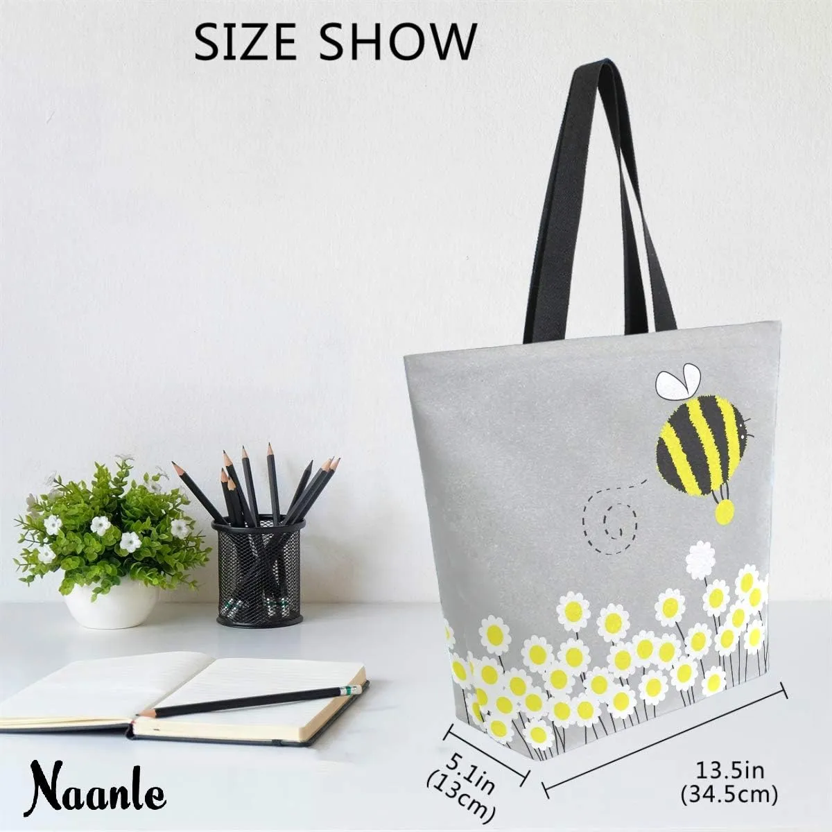 Naanle Bee Animal Canvas Tote Bag Large Women Casual Shoulder Bag Handbag, Bumblebee Daisies Reusable Multipurpose Heavy Duty Shopping Grocery Cotton Bag for Outdoors.