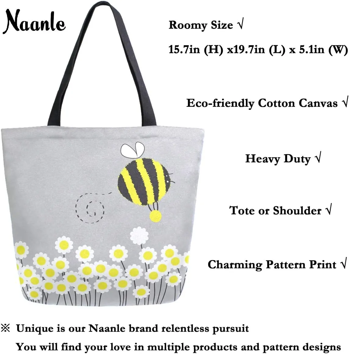 Naanle Bee Animal Canvas Tote Bag Large Women Casual Shoulder Bag Handbag, Bumblebee Daisies Reusable Multipurpose Heavy Duty Shopping Grocery Cotton Bag for Outdoors.