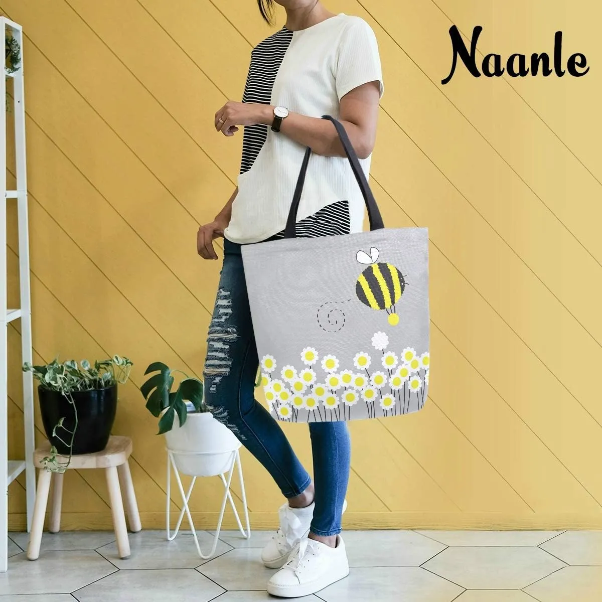 Naanle Bee Animal Canvas Tote Bag Large Women Casual Shoulder Bag Handbag, Bumblebee Daisies Reusable Multipurpose Heavy Duty Shopping Grocery Cotton Bag for Outdoors.