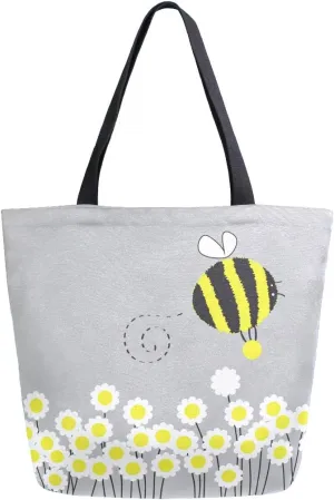 Naanle Bee Animal Canvas Tote Bag Large Women Casual Shoulder Bag Handbag, Bumblebee Daisies Reusable Multipurpose Heavy Duty Shopping Grocery Cotton Bag for Outdoors.
