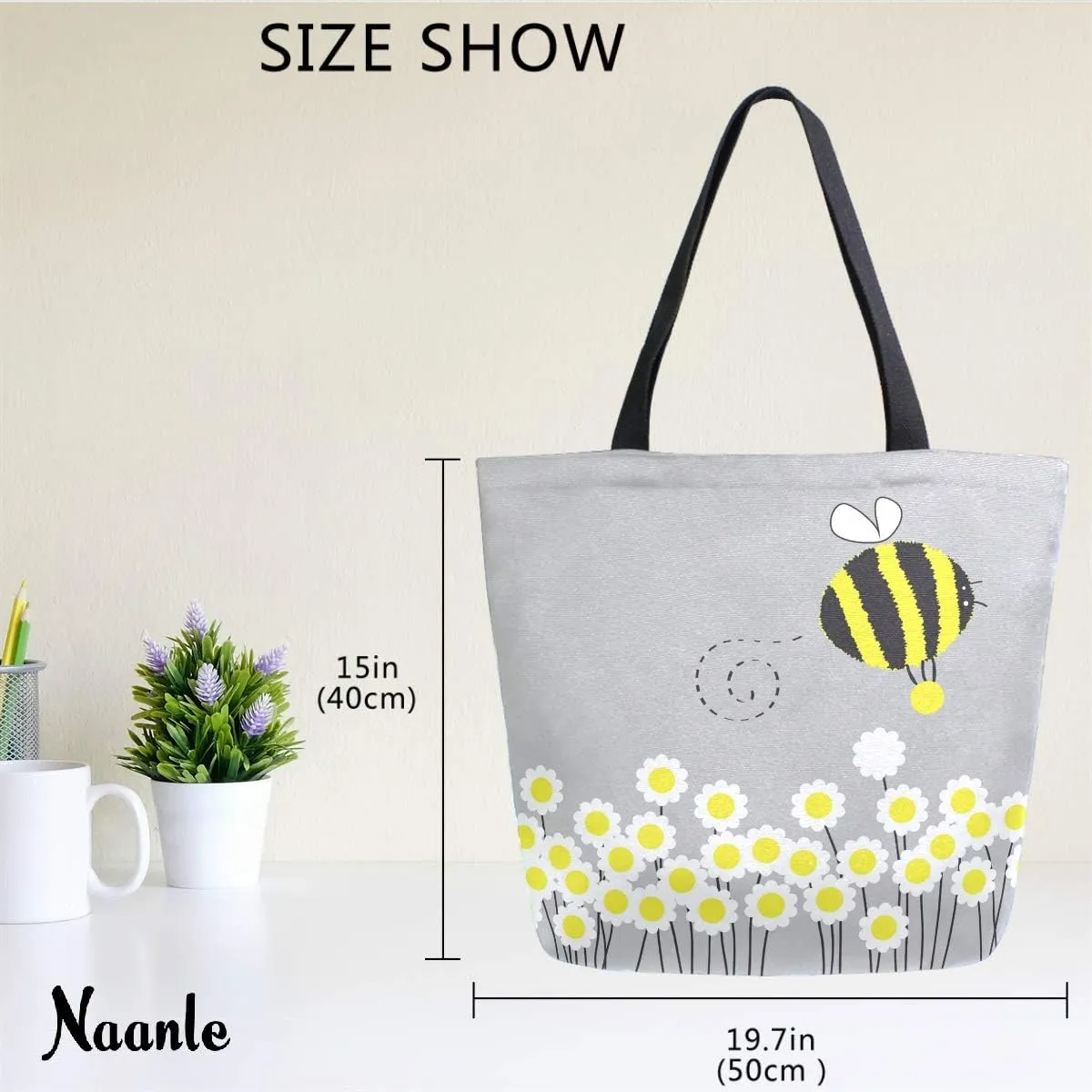 Naanle Bee Animal Canvas Tote Bag Large Women Casual Shoulder Bag Handbag, Bumblebee Daisies Reusable Multipurpose Heavy Duty Shopping Grocery Cotton Bag for Outdoors.