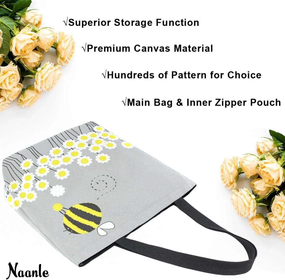 Naanle Bee Animal Canvas Tote Bag Large Women Casual Shoulder Bag Handbag, Bumblebee Daisies Reusable Multipurpose Heavy Duty Shopping Grocery Cotton Bag for Outdoors.