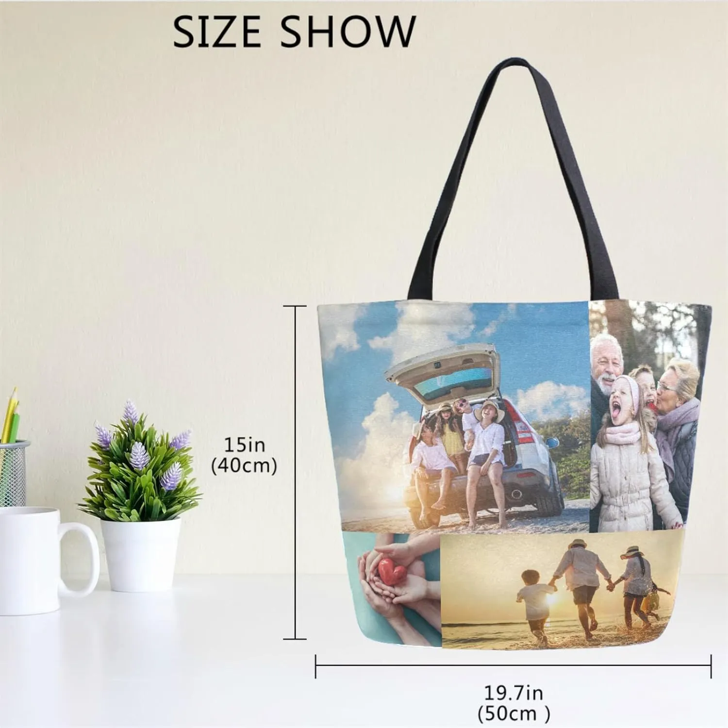 Naanle Custom Canvas Tote Bag Large Women Casual Shoulder Bag Personalized Customized Handbag Reusable Cotton Bag Gift for 4 Photos Collage