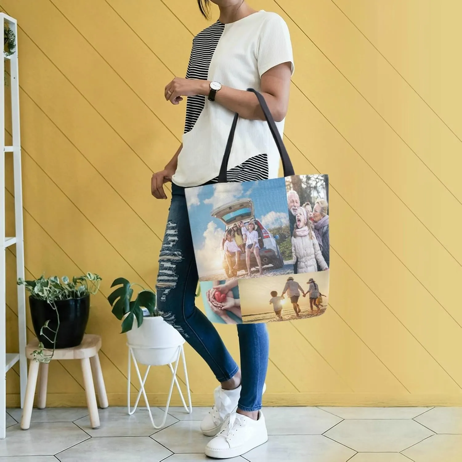 Naanle Custom Canvas Tote Bag Large Women Casual Shoulder Bag Personalized Customized Handbag Reusable Cotton Bag Gift for 4 Photos Collage