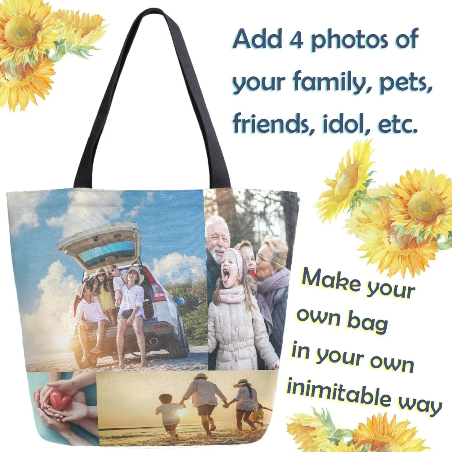 Naanle Custom Canvas Tote Bag Large Women Casual Shoulder Bag Personalized Customized Handbag Reusable Cotton Bag Gift for 4 Photos Collage