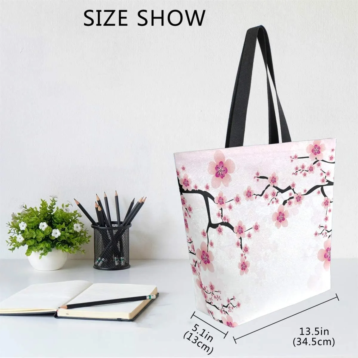Naanle Floral Flower Canvas Tote Bag - Large Women's Casual Shoulder Handbag, Japanese Cherry Blossom Reusable Multipurpose Heavy Duty Shopping Grocery Cotton Bag for Outdoors