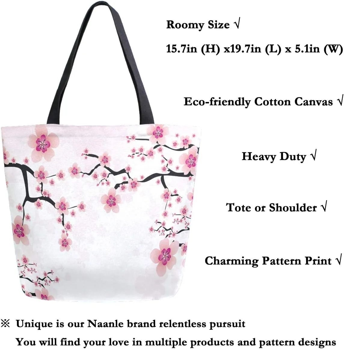 Naanle Floral Flower Canvas Tote Bag - Large Women's Casual Shoulder Handbag, Japanese Cherry Blossom Reusable Multipurpose Heavy Duty Shopping Grocery Cotton Bag for Outdoors