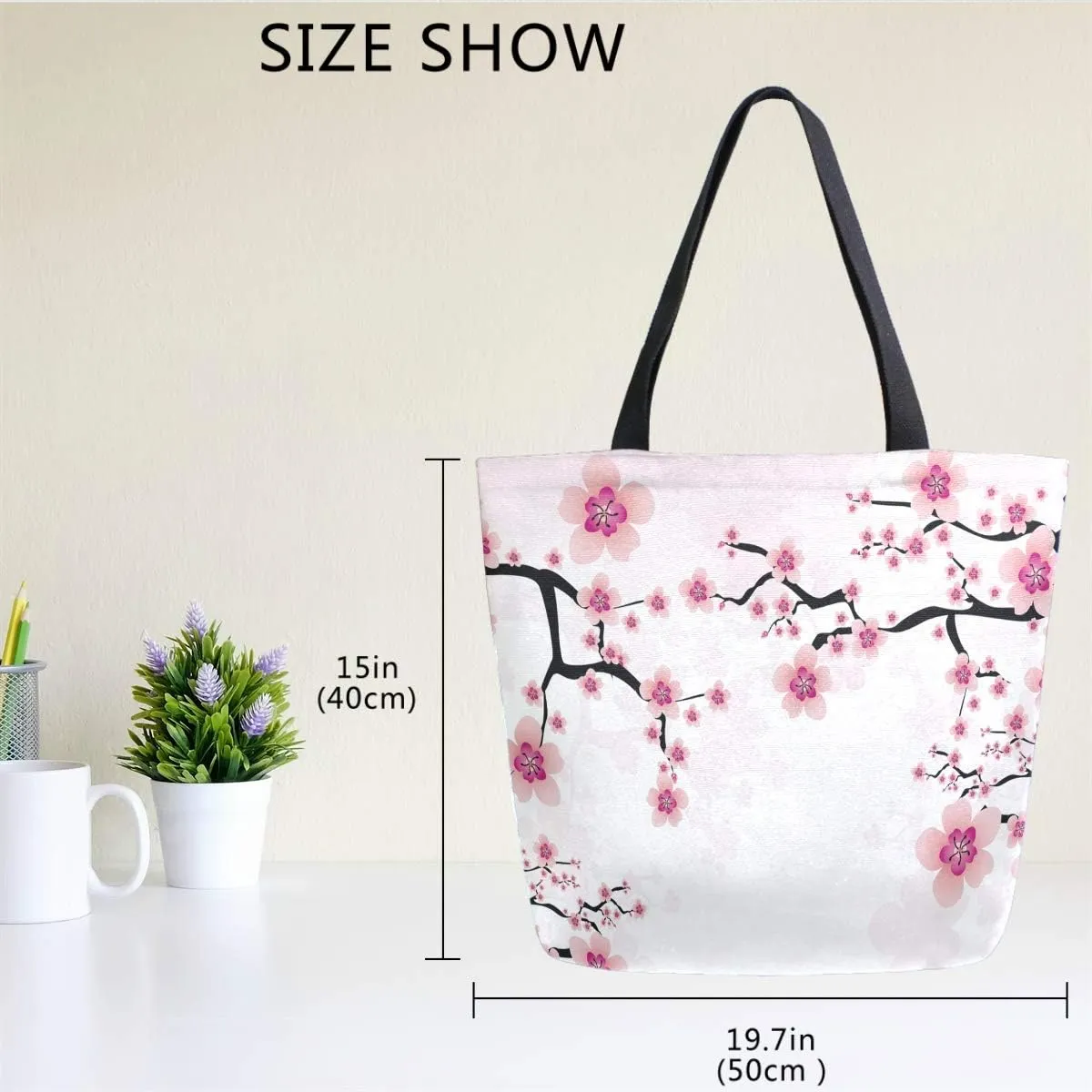 Naanle Floral Flower Canvas Tote Bag - Large Women's Casual Shoulder Handbag, Japanese Cherry Blossom Reusable Multipurpose Heavy Duty Shopping Grocery Cotton Bag for Outdoors
