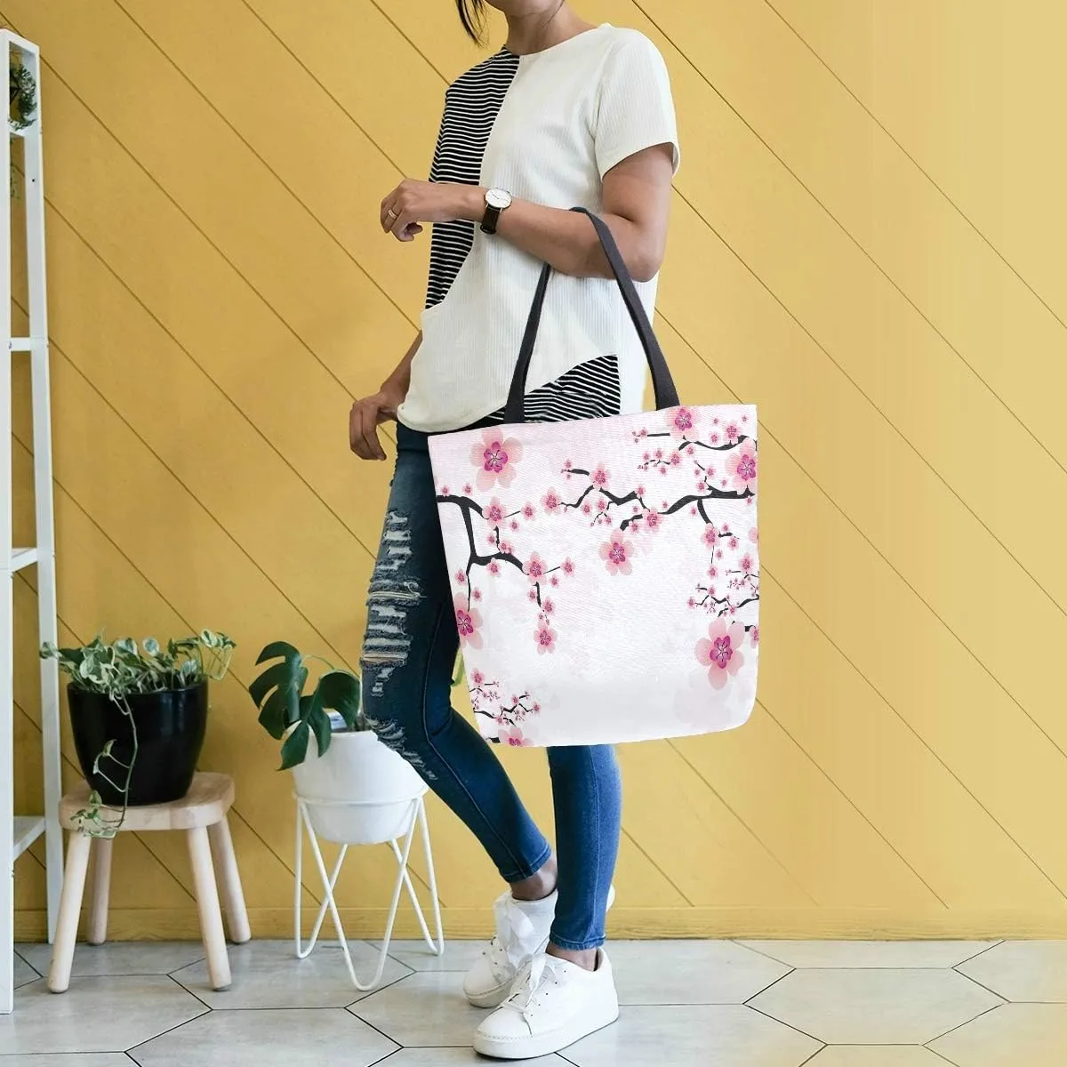 Naanle Floral Flower Canvas Tote Bag - Large Women's Casual Shoulder Handbag, Japanese Cherry Blossom Reusable Multipurpose Heavy Duty Shopping Grocery Cotton Bag for Outdoors