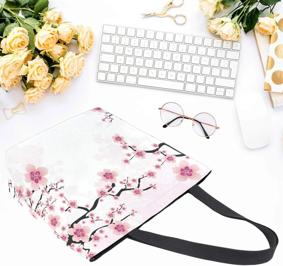 Naanle Floral Flower Canvas Tote Bag - Large Women's Casual Shoulder Handbag, Japanese Cherry Blossom Reusable Multipurpose Heavy Duty Shopping Grocery Cotton Bag for Outdoors