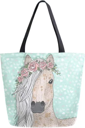Naanle Floral Horse Canvas Tote Bag - Large Women's Casual Shoulder Handbag - Unicorn Reusable Multipurpose Heavy Duty Shopping Grocery Cotton Bag for Outdoors