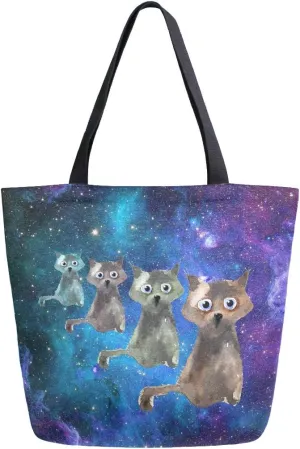 Naanle Galaxy Cats Canvas Tote Bag Large Women Casual Shoulder Bag Handbag, Universe Cats Reusable Multipurpose Heavy Duty Shopping Grocery Cotton Bag for Outdoors.