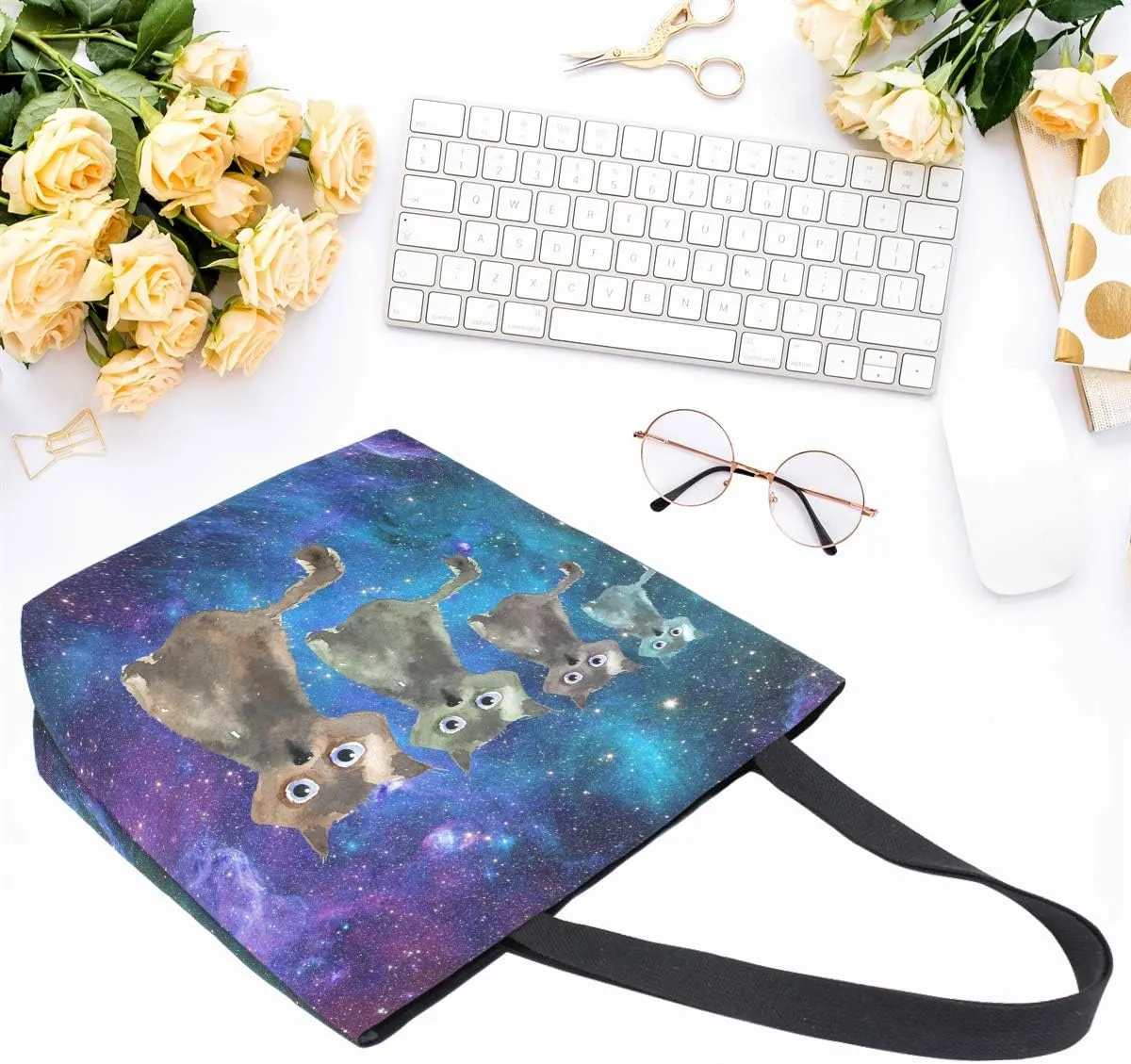 Naanle Galaxy Cats Canvas Tote Bag Large Women Casual Shoulder Bag Handbag, Universe Cats Reusable Multipurpose Heavy Duty Shopping Grocery Cotton Bag for Outdoors.