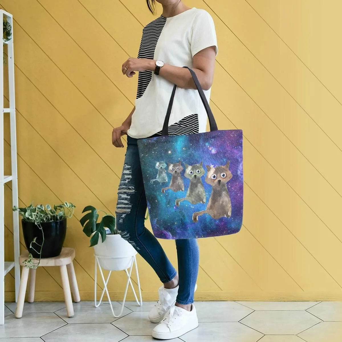 Naanle Galaxy Cats Canvas Tote Bag Large Women Casual Shoulder Bag Handbag, Universe Cats Reusable Multipurpose Heavy Duty Shopping Grocery Cotton Bag for Outdoors.