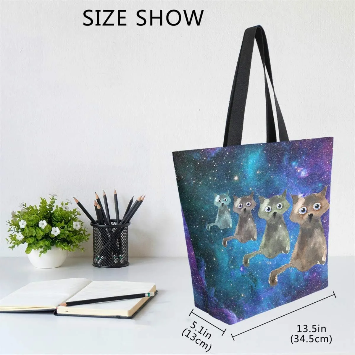 Naanle Galaxy Cats Canvas Tote Bag Large Women Casual Shoulder Bag Handbag, Universe Cats Reusable Multipurpose Heavy Duty Shopping Grocery Cotton Bag for Outdoors.