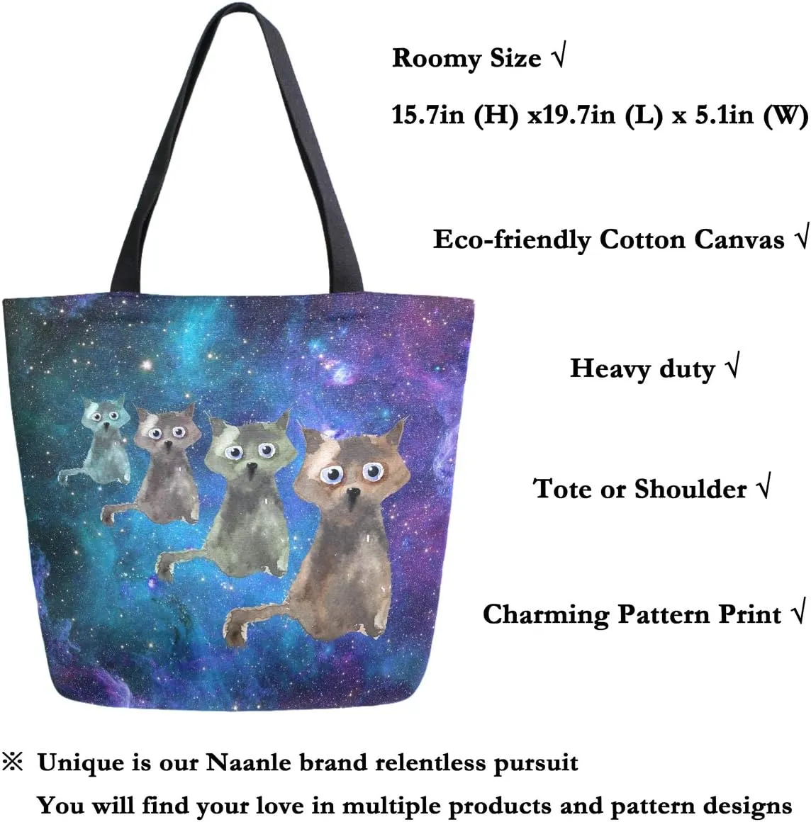 Naanle Galaxy Cats Canvas Tote Bag Large Women Casual Shoulder Bag Handbag, Universe Cats Reusable Multipurpose Heavy Duty Shopping Grocery Cotton Bag for Outdoors.