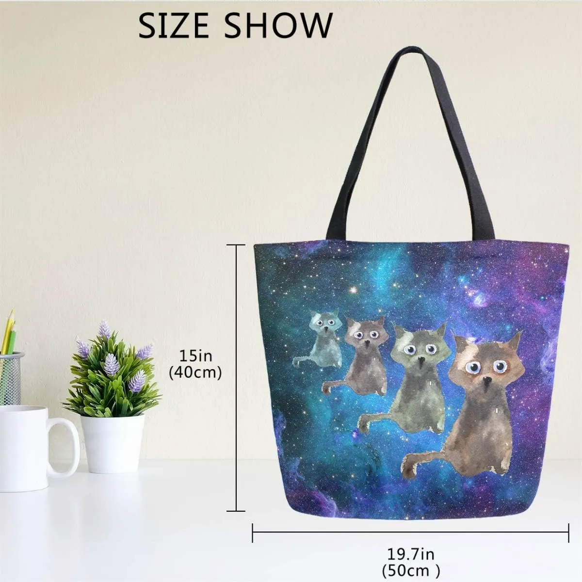 Naanle Galaxy Cats Canvas Tote Bag Large Women Casual Shoulder Bag Handbag, Universe Cats Reusable Multipurpose Heavy Duty Shopping Grocery Cotton Bag for Outdoors.