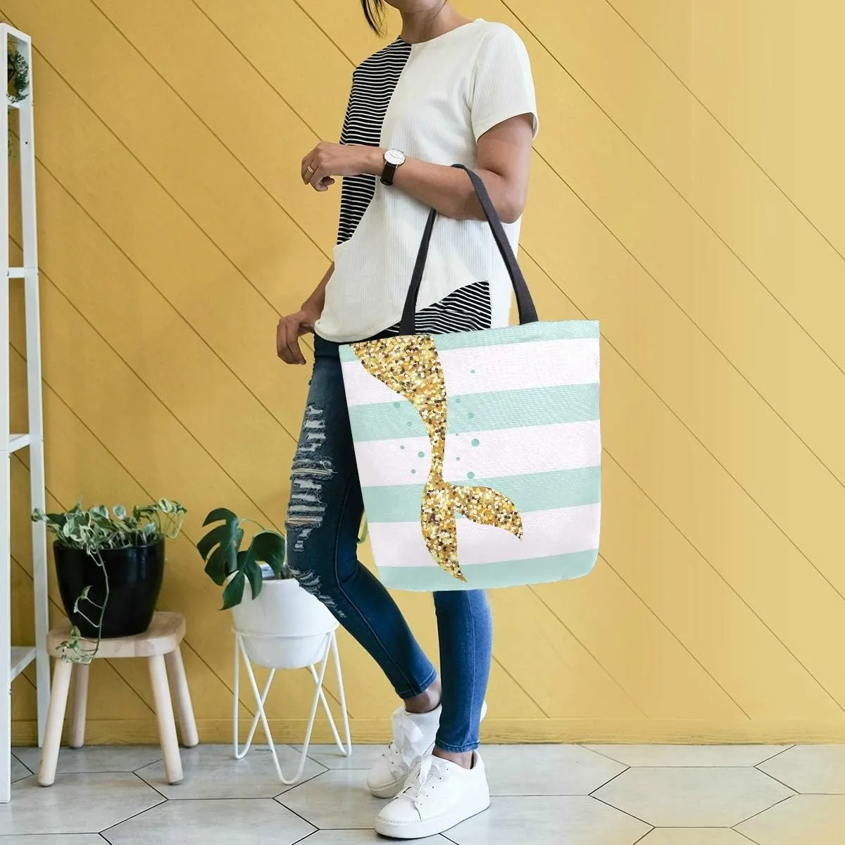 Naanle Mermaid Canvas Tote Bag Large Women Casual Shoulder Bag Handbag, Mermaid Tail Stripe Reusable Multipurpose Heavy Duty Shopping Grocery Cotton Bag for Outdoors.