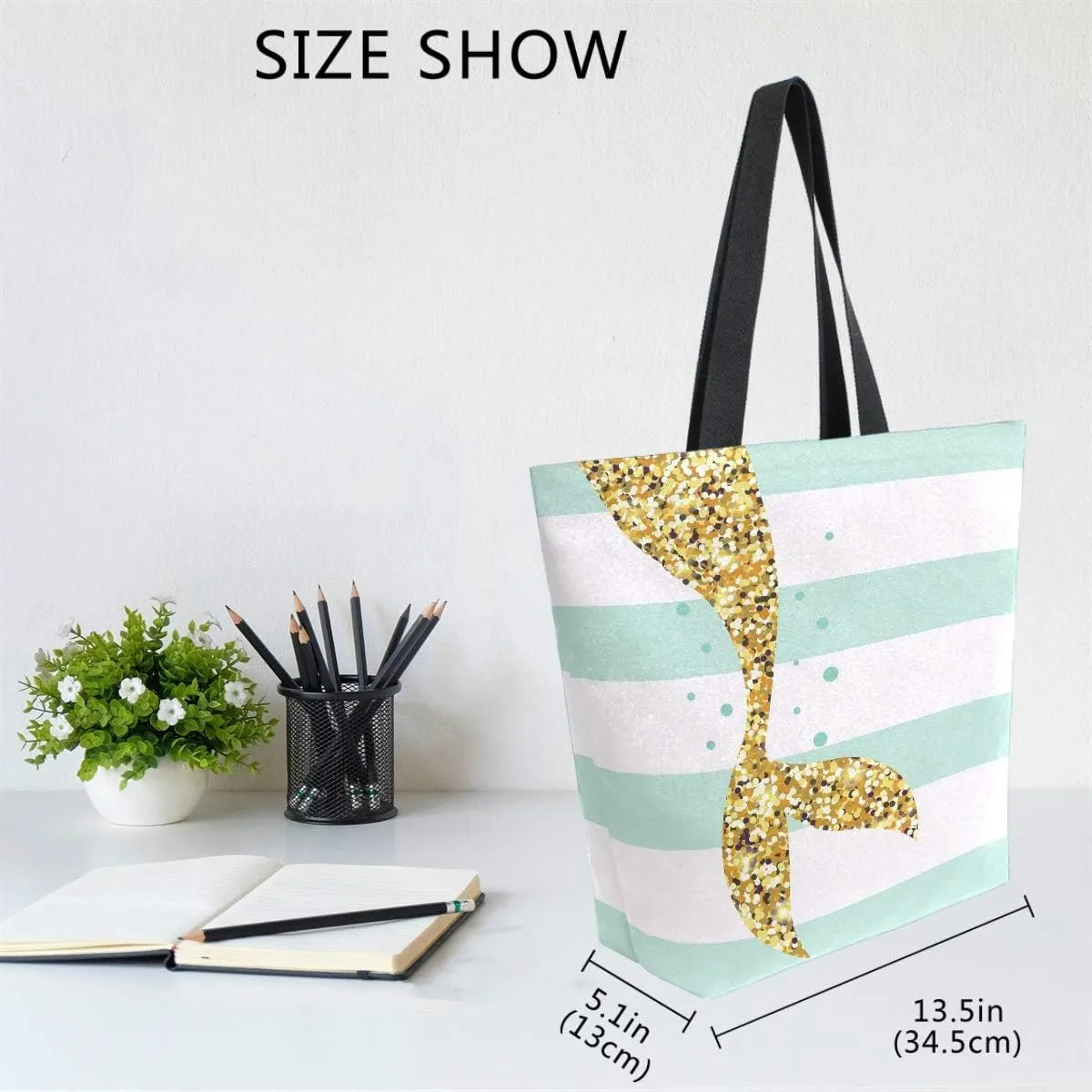 Naanle Mermaid Canvas Tote Bag Large Women Casual Shoulder Bag Handbag, Mermaid Tail Stripe Reusable Multipurpose Heavy Duty Shopping Grocery Cotton Bag for Outdoors.