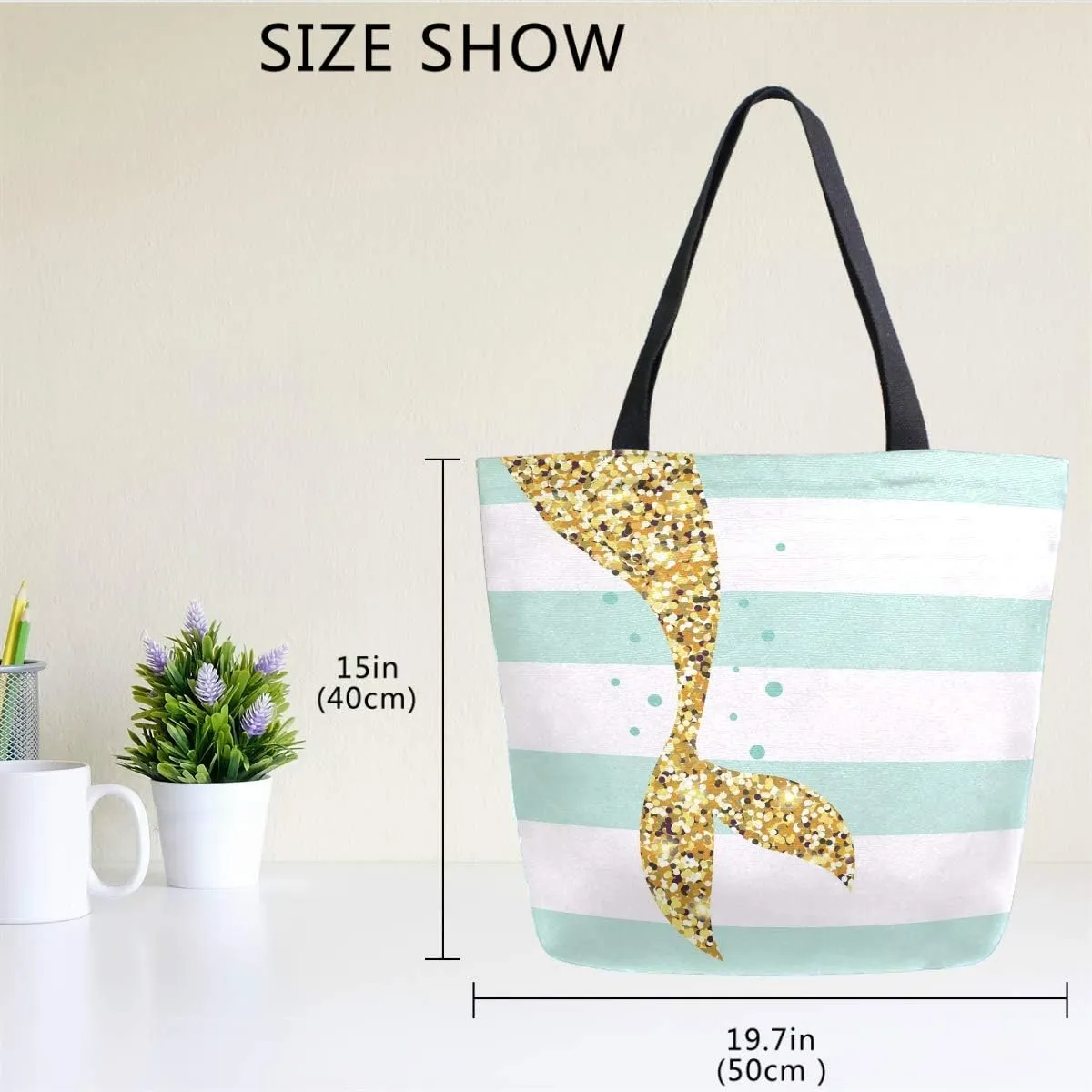 Naanle Mermaid Canvas Tote Bag Large Women Casual Shoulder Bag Handbag, Mermaid Tail Stripe Reusable Multipurpose Heavy Duty Shopping Grocery Cotton Bag for Outdoors.