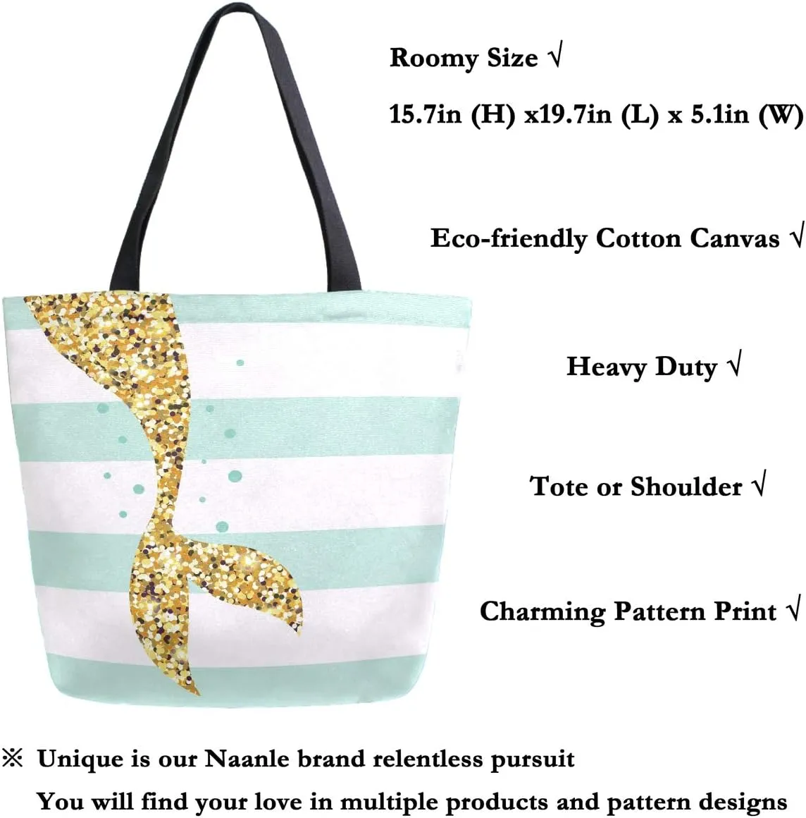 Naanle Mermaid Canvas Tote Bag Large Women Casual Shoulder Bag Handbag, Mermaid Tail Stripe Reusable Multipurpose Heavy Duty Shopping Grocery Cotton Bag for Outdoors.