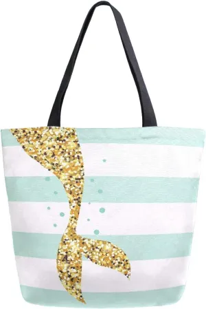 Naanle Mermaid Canvas Tote Bag Large Women Casual Shoulder Bag Handbag, Mermaid Tail Stripe Reusable Multipurpose Heavy Duty Shopping Grocery Cotton Bag for Outdoors.