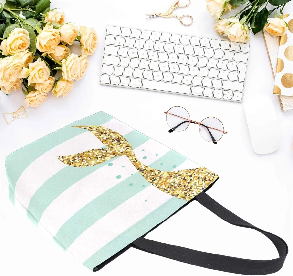 Naanle Mermaid Canvas Tote Bag Large Women Casual Shoulder Bag Handbag, Mermaid Tail Stripe Reusable Multipurpose Heavy Duty Shopping Grocery Cotton Bag for Outdoors.