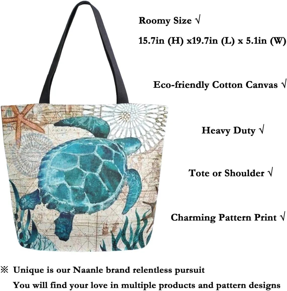 Naanle Ocean Turtle Canvas Tote Bag Large Women Casual Shoulder Bag Handbag, Sea Turtle Reusable Multipurpose Heavy Duty Shopping Grocery Cotton Bag for Outdoors.