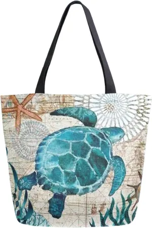 Naanle Ocean Turtle Canvas Tote Bag Large Women Casual Shoulder Bag Handbag, Sea Turtle Reusable Multipurpose Heavy Duty Shopping Grocery Cotton Bag for Outdoors.