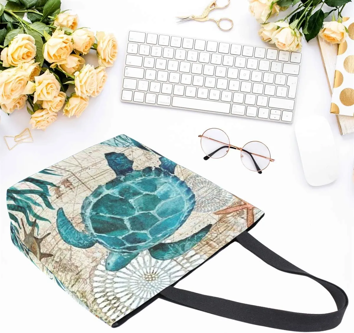 Naanle Ocean Turtle Canvas Tote Bag Large Women Casual Shoulder Bag Handbag, Sea Turtle Reusable Multipurpose Heavy Duty Shopping Grocery Cotton Bag for Outdoors.