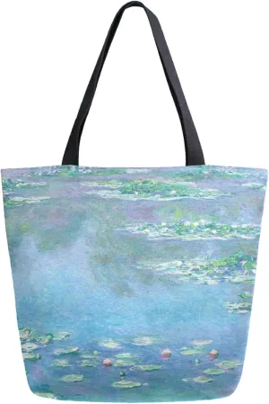 Naanle Oil Painting Monet Canvas Tote Bag Oil Painting Water Lilies Claude Large Women Casual Shoulder Bag Handbag Reusable Multipurpose Heavy Duty Shopping Grocery Cotton Bag for Outdoors