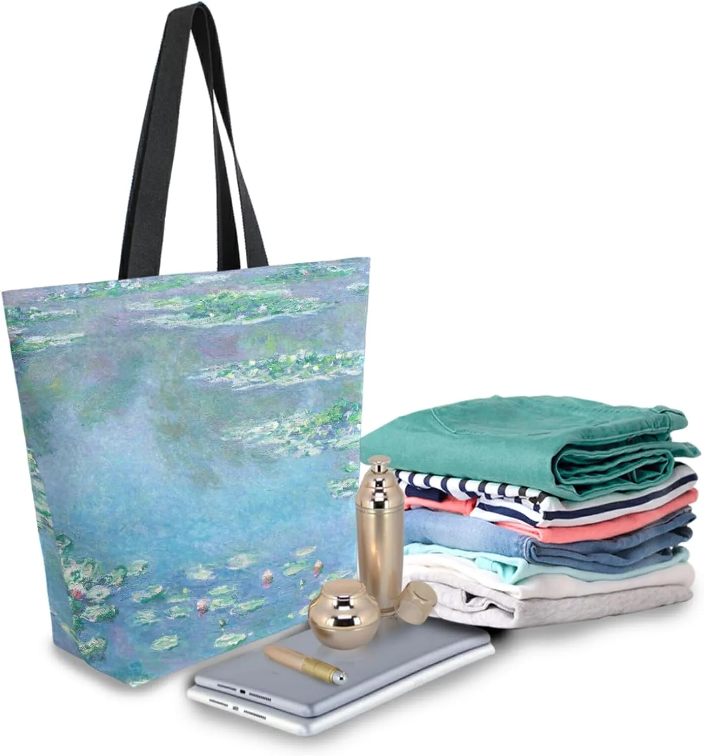 Naanle Oil Painting Monet Canvas Tote Bag Oil Painting Water Lilies Claude Large Women Casual Shoulder Bag Handbag Reusable Multipurpose Heavy Duty Shopping Grocery Cotton Bag for Outdoors