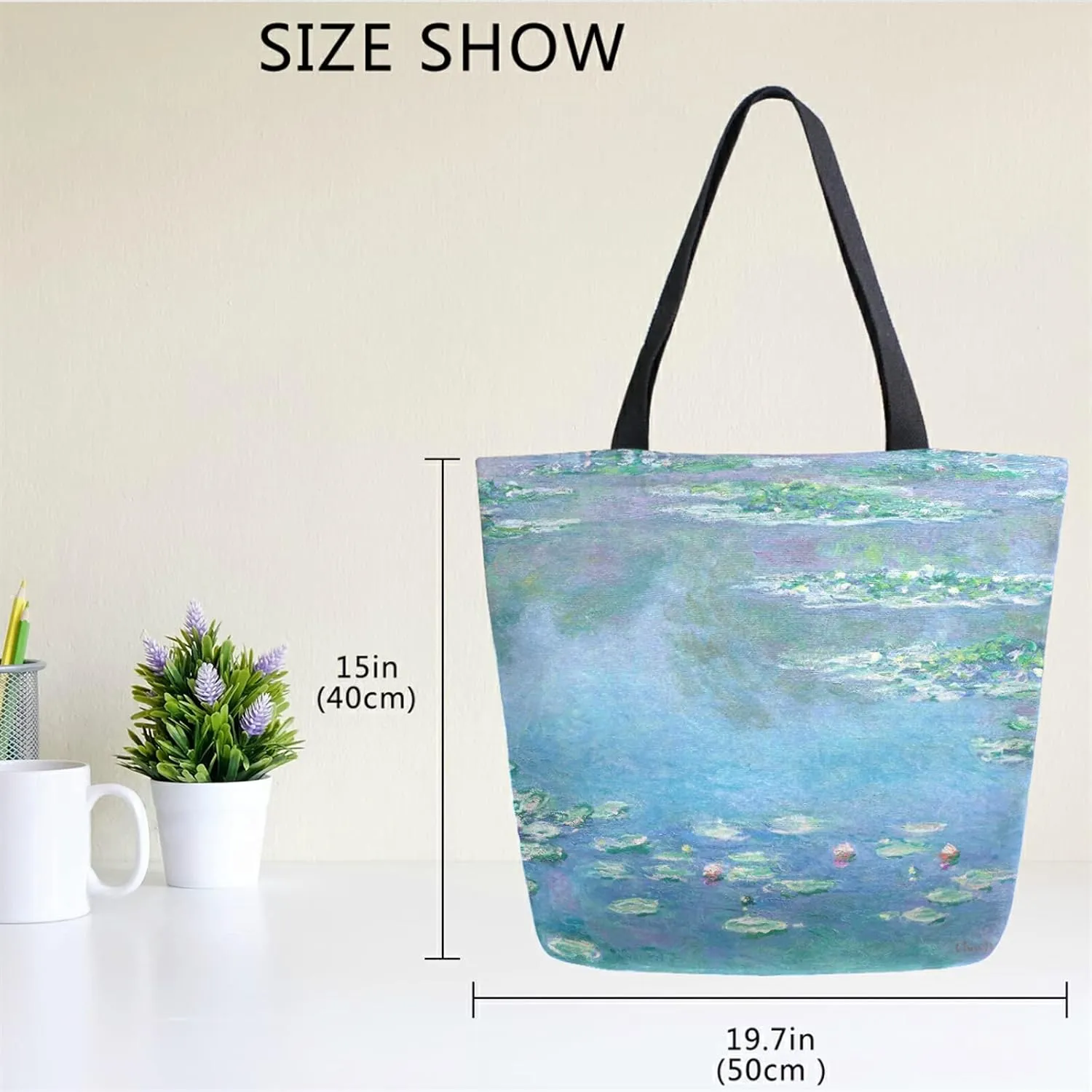 Naanle Oil Painting Monet Canvas Tote Bag Oil Painting Water Lilies Claude Large Women Casual Shoulder Bag Handbag Reusable Multipurpose Heavy Duty Shopping Grocery Cotton Bag for Outdoors