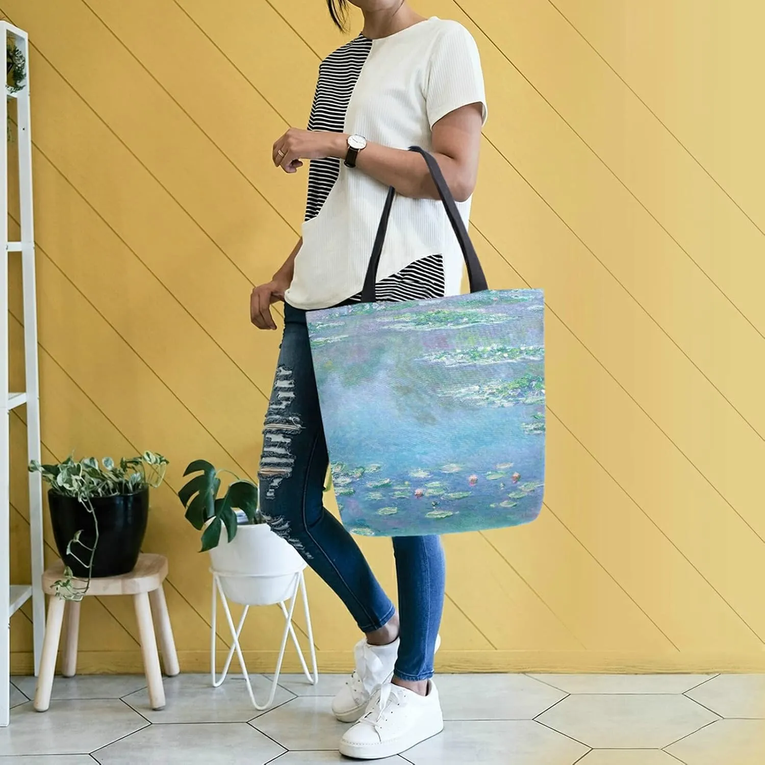Naanle Oil Painting Monet Canvas Tote Bag Oil Painting Water Lilies Claude Large Women Casual Shoulder Bag Handbag Reusable Multipurpose Heavy Duty Shopping Grocery Cotton Bag for Outdoors