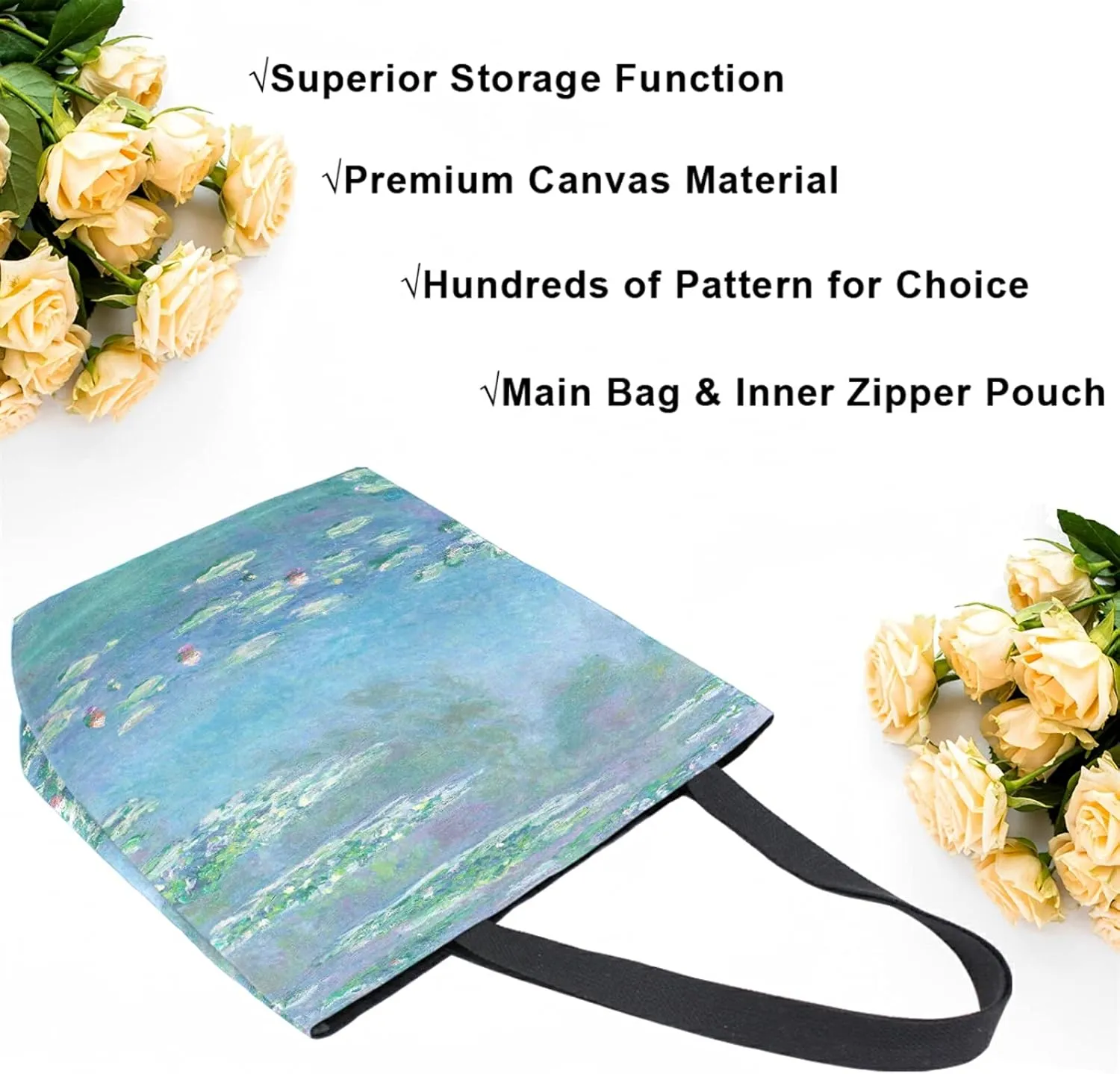 Naanle Oil Painting Monet Canvas Tote Bag Oil Painting Water Lilies Claude Large Women Casual Shoulder Bag Handbag Reusable Multipurpose Heavy Duty Shopping Grocery Cotton Bag for Outdoors