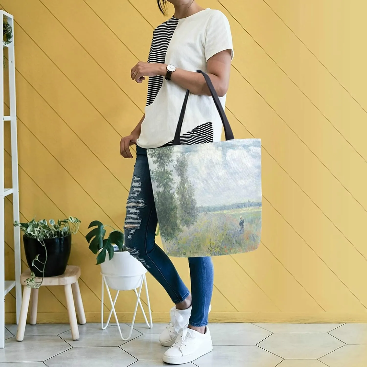 Naanle Oil Painting Monet Canvas Tote Bag Poppy Fields Near Argenteuil Claude Large Women Casual Shoulder Bag Handbag Reusable Multipurpose Heavy Duty Shopping Grocery Cotton Bag for Outdoors