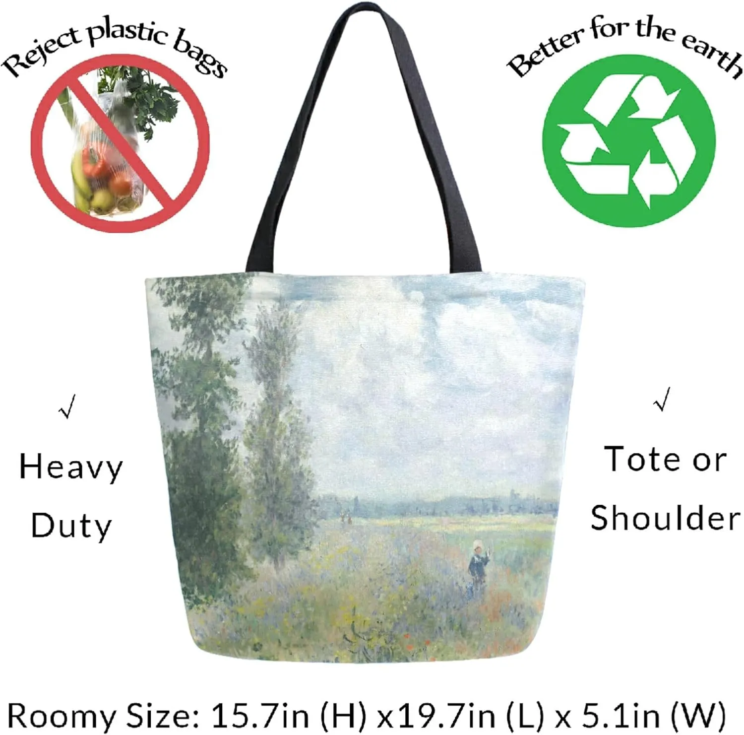 Naanle Oil Painting Monet Canvas Tote Bag Poppy Fields Near Argenteuil Claude Large Women Casual Shoulder Bag Handbag Reusable Multipurpose Heavy Duty Shopping Grocery Cotton Bag for Outdoors